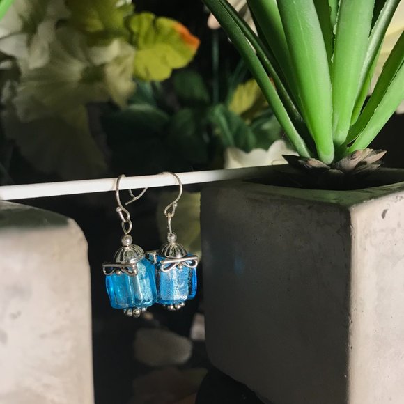 -Aqua Blue and Silver Reflective Dangling Earrings - Picture 4 of 6